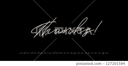Elegant thank you message in delicate calligraphy style. Thin Thanks lettering for subscribers greeting card, headline text, logo, branding, font alphabet and social media design. Vector illustration. Elegant thank you message in delicate calligraphy style. Thin Thanks lettering for subscribers greeting card, headline text, logo, branding, font alphabet and social media design. Vector illustration. 127201594