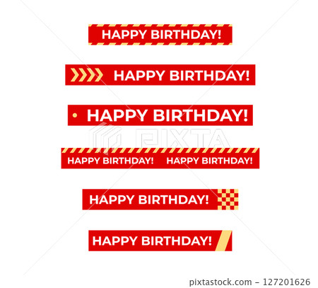 Set of bold red birthday labels in festive tape style. Seamless highlight stripes for decorative tags, party branding, packaging, digital layouts. Isolated vector illustration. Set of bold red birthday labels in festive tape style. Seamless highlight stripes for decorative tags, party branding, packaging, digital layouts. Isolated vector illustration. 127201626