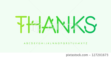 Green eco style thanks lettering with sprouting leaves. Organic nature font for eco packaging, gardening labels, sustainability blogs, Earth Day campaigns. Vector illustration 127201673