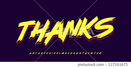 Street art graffiti style word thanks. Comic book inspired hand drawn brush lettering with sharp edges and torn typography for urban poster, youth skate culture, edgy apparel. Vector illustration Street art graffiti style word thanks. Comic book inspired hand drawn brush lettering with sharp edges and torn typography for urban poster, youth skate culture, edgy apparel. Vector illustration 127201675