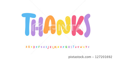 Thanks word, Fun playful thank you message for children, cards, posters, prints. Cheerful colorful bubble style typographic design. Vector illustration. 127201692