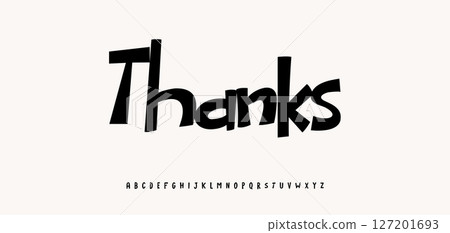 Thanks quirky lettering, Thanks you phrase in playful kid children font style for posters, cards, comics, informal messages. Vector illustration. 127201693