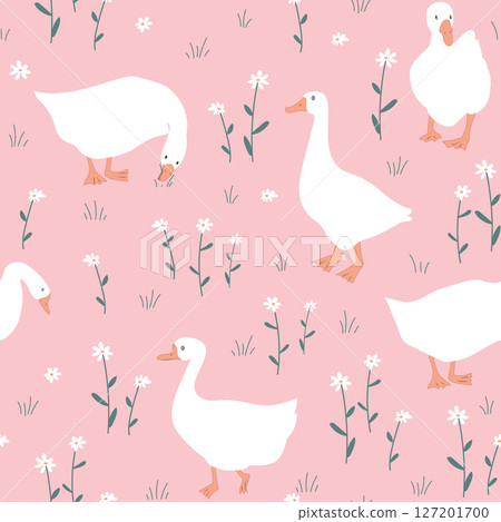 Hand drawn nursery pattern with cute cartoon goose and daisy flowers. Seamless vector background Hand drawn nursery pattern with cute cartoon goose and daisy flowers. Seamless vector background 127201700