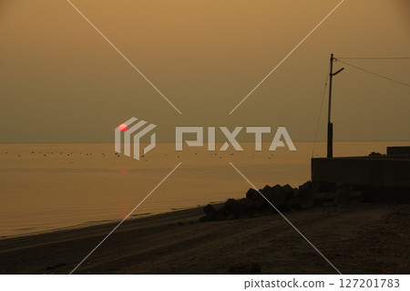Autumn dawn view of the Ariake Sea from Takeshima Beach in Shimabara City 127201783