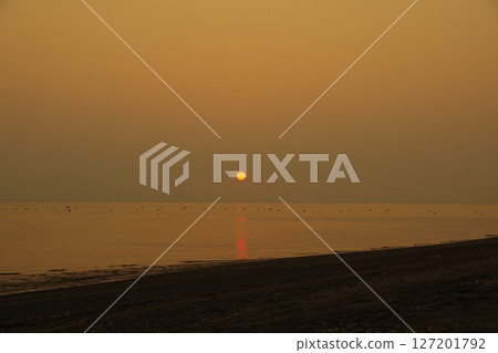 從島原市竹島海灘欣賞秋日黎明的有明海 從島原市竹島海灘欣賞秋日黎明的有明海 127201792