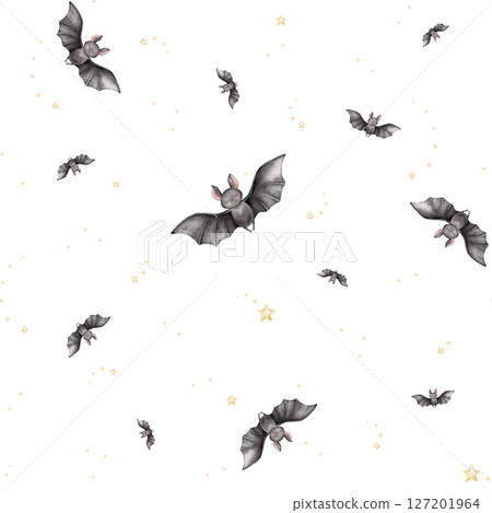 Seamless pattern for Halloween with cute black bat and stars. Hand drawn watercolor illustration. Friendly and charming bat with big eyes, perfect for kids' decorations, children's designs. 127201964