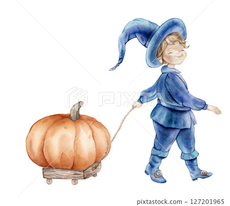 Whimsical wizard in a blue suit and hat with a wooden cart with Pumpkin, perfect for Halloween. Hand drawn fantasy illustration of a magical character, charming and enchanting. 127201965