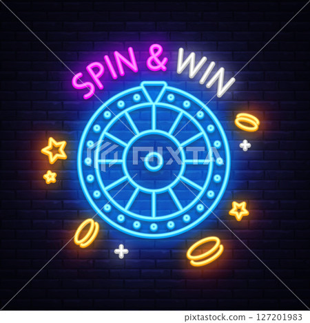 Neon spin and win sign with roulette wheel, coins, and stars on dark wall. Casino-themed design with glowing elements. 127201983