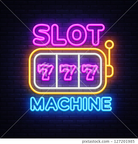 Slot machine neon sign with triple 777 symbols and lever icon on dark background. Bright composition for gambling ads and banners. 127201985