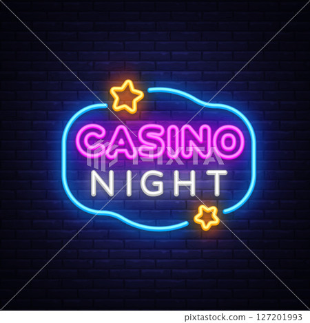 Neon casino night sign with glowing stars on dark brick wall. Bright party-themed lettering in blue, pink, and white. Retro nightlife lightboard. Neon casino night sign with glowing stars on dark brick wall. Bright party-themed lettering in blue, pink, and white. Retro nightlife lightboard. 127201993