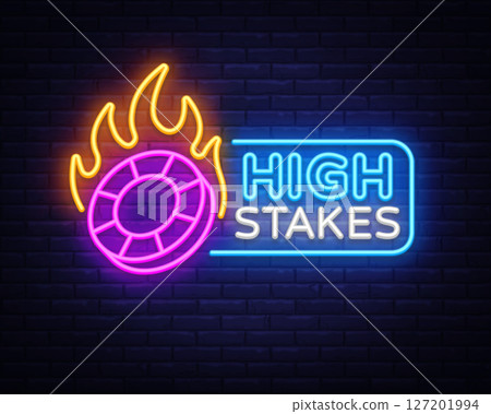 Glowing high stakes neon sign with flaming casino chip on dark wall. Bold vibrant composition for gambling promotions and game visuals. Glowing high stakes neon sign with flaming casino chip on dark wall. Bold vibrant composition for gambling promotions and game visuals. 127201994