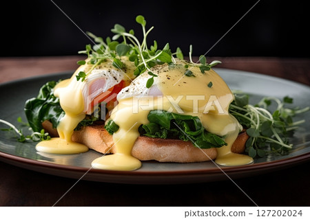 Eggs benedict with hollandaise sauce. Ai Generative 127202024