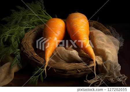 Two carrots in the rustic kitchen. Ai Generative 127202035