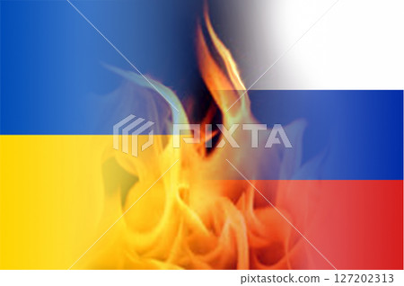 Conflict, war in Ukraine. Ukraine and Russian flags with flames between. 127202313