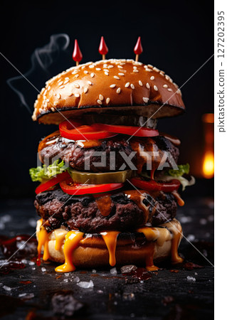 Stacked burger with dripping bbq sauce and melting cheese. Ai Generative 127202395