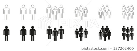 People Group Formation Icon Set. Social Interaction, Community Building, And Teamwork Outline And Silhouette Symbol Collection. Human Figures In Various Group Sizes. Isolated Vector Illustration People Group Formation Icon Set. Social Interaction, Community Building, And Teamwork Outline And Silhouette Symbol Collection. Human Figures In Various Group Sizes. Isolated Vector Illustration 127202400