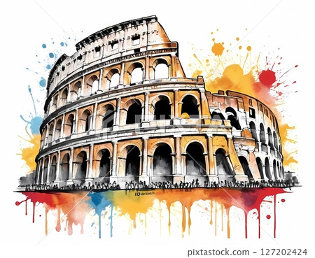 Colosseum in Rome Illustrated in Vibrant Watercolor Splash Style perfect for t-shirt, postcard 127202424