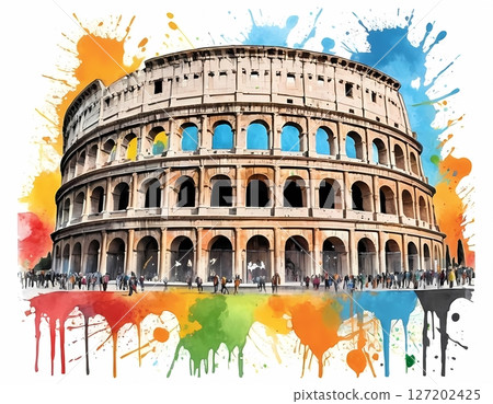 Colosseum in Rome Illustrated in Vibrant Watercolor Splash Style perfect for t-shirt, postcard 127202425