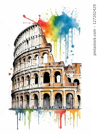 Colosseum in Rome Illustrated in Vibrant Watercolor Splash Style perfect for t-shirt, postcard 127202429