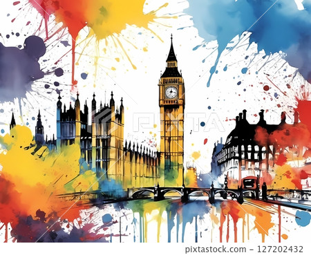 Big Ben and London Skyline in Vibrant Watercolor Splash Art perfect for T-shirt, postcard, posters 127202432
