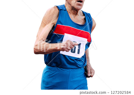 close-up 70-year old man runner running in masters athletics isolated on white background 127202584