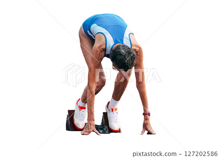 senior woman runner running start race in masters athletics isolated on white background 127202586