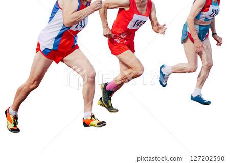 seniors woman running 100 metres race in masters athletics isolated on white background 127202590