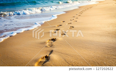 Texture of footprints left on the sandy beach at the water's edge 127202622