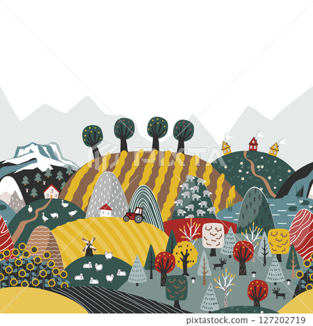 Cute seamless border pattern with doodle hand drawn Scandinavian mountains and fields landscape. Creative children texture. Modern cartoon style vector illustration. 127202719