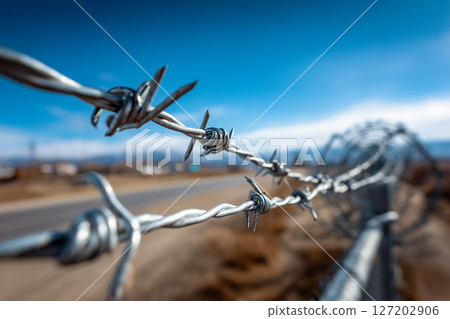 Twisted barbed wire along the border, emphasizing security and restrictions 127202906