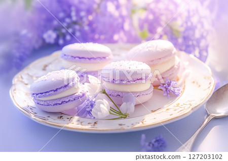 Four lavender-colored macarons 127203102