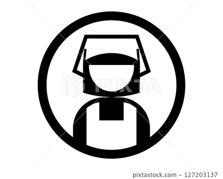 A simple round monochrome illustration icon of a person wearing an apron and a sling 127203137