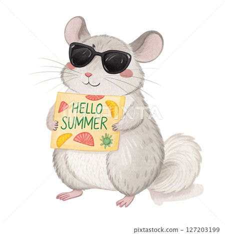 animal in the world Wear black sunglasses  stand Holding a sign Hello Summer white background 127203199