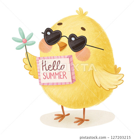 animal in the world Wear black sunglasses  stand Holding a sign Hello Summer white background 127203215