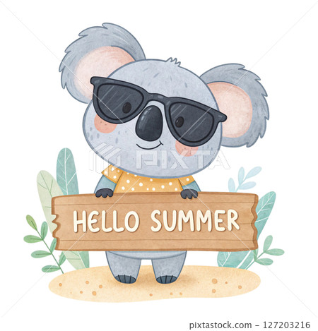 animal in the world Wear black sunglasses  stand Holding a sign Hello Summer white background 127203216