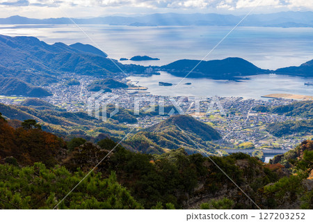 Autumn in Shodoshima: Autumn foliage in Kankakei Valley, view from Takatori Observatory Autumn in Shodoshima: Autumn foliage in Kankakei Valley, view from Takatori Observatory 127203252
