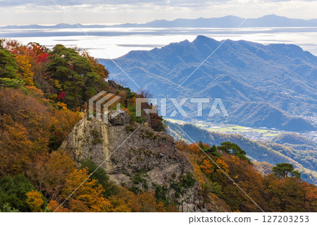 Autumn in Shodoshima: Autumn foliage in Kankakei Valley, view from Takatori Observatory Autumn in Shodoshima: Autumn foliage in Kankakei Valley, view from Takatori Observatory 127203253