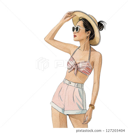 Beautiful Asian Women Wear beachwear beach clothes white background 127203404