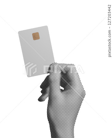 Hand holding a bank card, showing payment technology. Retro halftone dotted design in vintage style. Hand holding a bank card, showing payment technology. Retro halftone dotted design in vintage style. 127203442