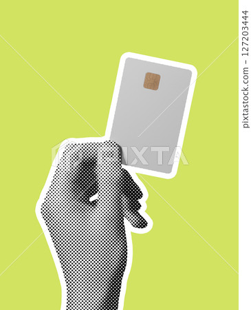 Hand holding a modern bankcard for electronic payment and sale. Retro halftone design with dotted Hand holding a modern bankcard for electronic payment and sale. Retro halftone design with dotted 127203444