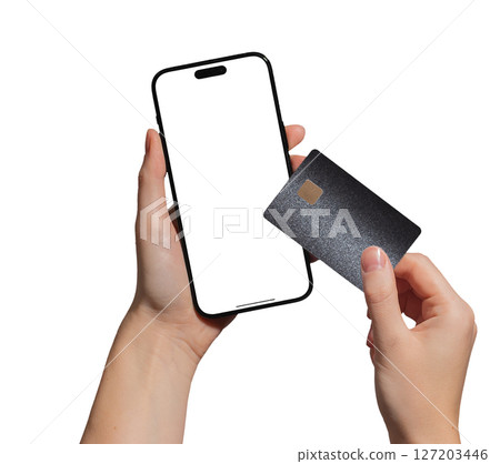 Hand holding a smartphone displaying a bank card for online payment. Electronic commerce concept 127203446