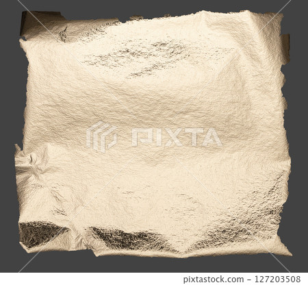 Torn, rippled gold and white gold foil texture with a glossy, pearlescent finish. Frayed, damaged 127203508