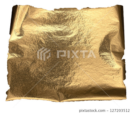 Torn, rippled gold foil texture with a glossy, pearlescent finish. Frayed, damaged edges creating a Torn, rippled gold foil texture with a glossy, pearlescent finish. Frayed, damaged edges creating a 127203512