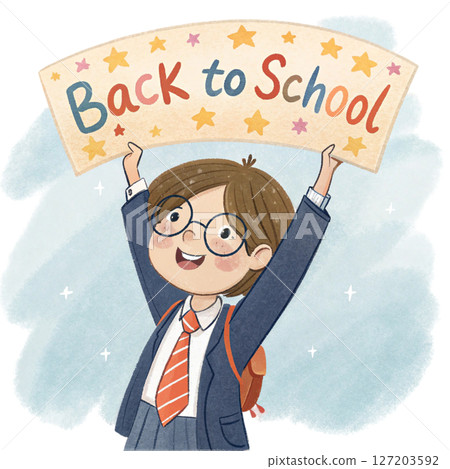 Cute kid wearing school uniform glasses stand Holding a sign Back to School white background Cute kid wearing school uniform glasses stand Holding a sign Back to School white background 127203592