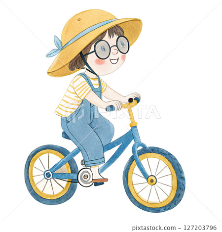 Cute kid wearing glasses riding a bike white background 127203796
