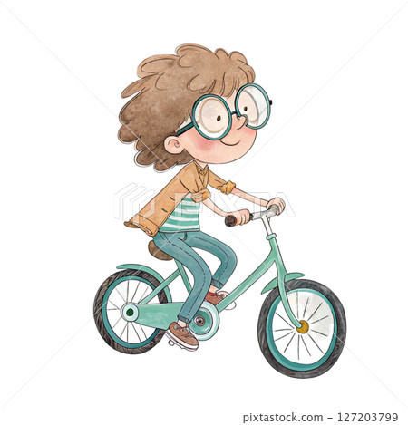 Cute kid wearing glasses riding a bike white background 127203799