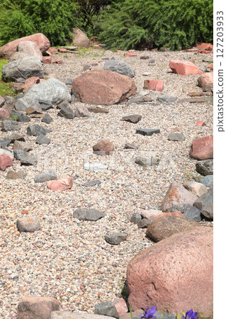 River of stones in park. Bushes in summer on sunny day. Background for design. Ecology and nature. Landscape design.  127203933