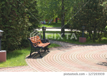 Wooden bench, wrought iron trash can near tile path in park. Green lawn, bushes and trees in summer on sunny day. Background for design. Ecology and nature. Landscape design.  127203939