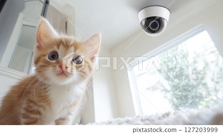Kitten sitting on carpet near window with home surveillance camera 127203999
