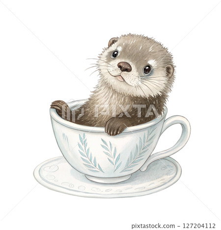 cutest animals in Japan  sitting in a teacup white background 127204112